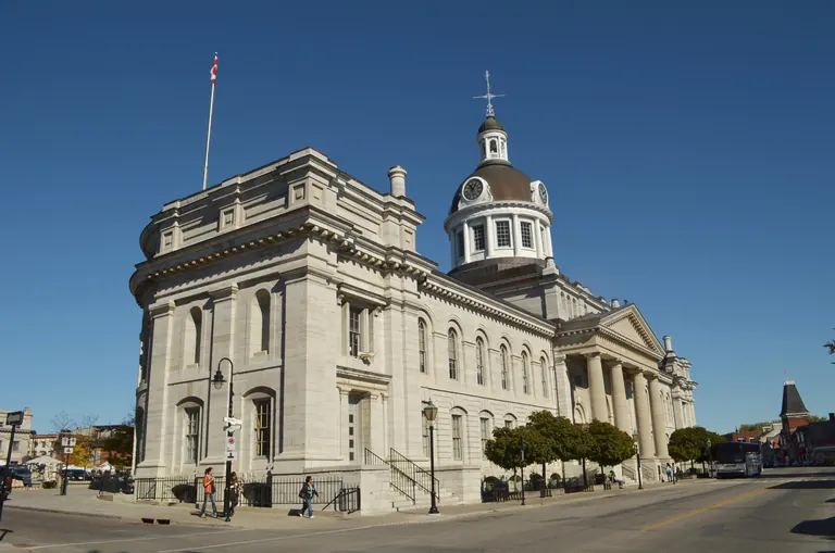 Limestone facade and clock tower of Kingston City Hall, Ontario